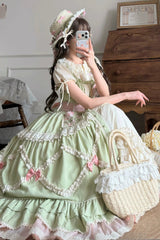 Green [Tulip Blossom Field] Multi-Layered Pastoral Style Ruffled Open-Front Bow Sweet Lolita Jsk Dress - Product - 6