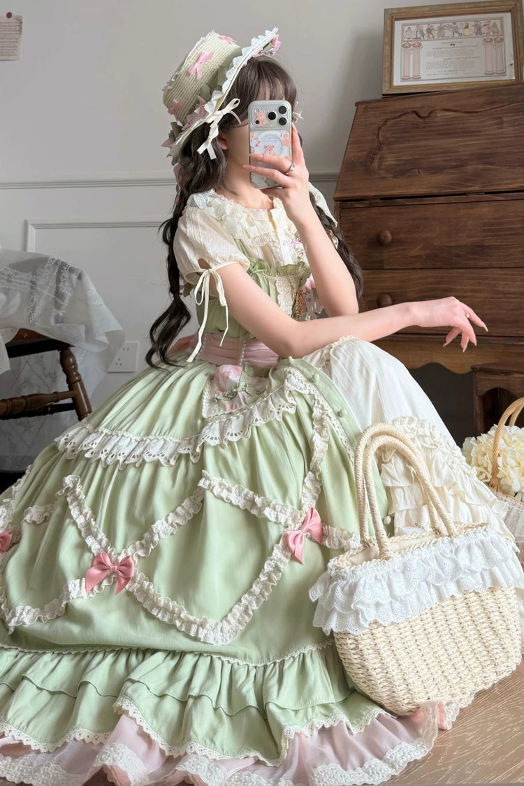 Green [Tulip Blossom Field] Multi-Layered Pastoral Style Ruffled Open-Front Bow Sweet Lolita Jsk Dress - Product - 6