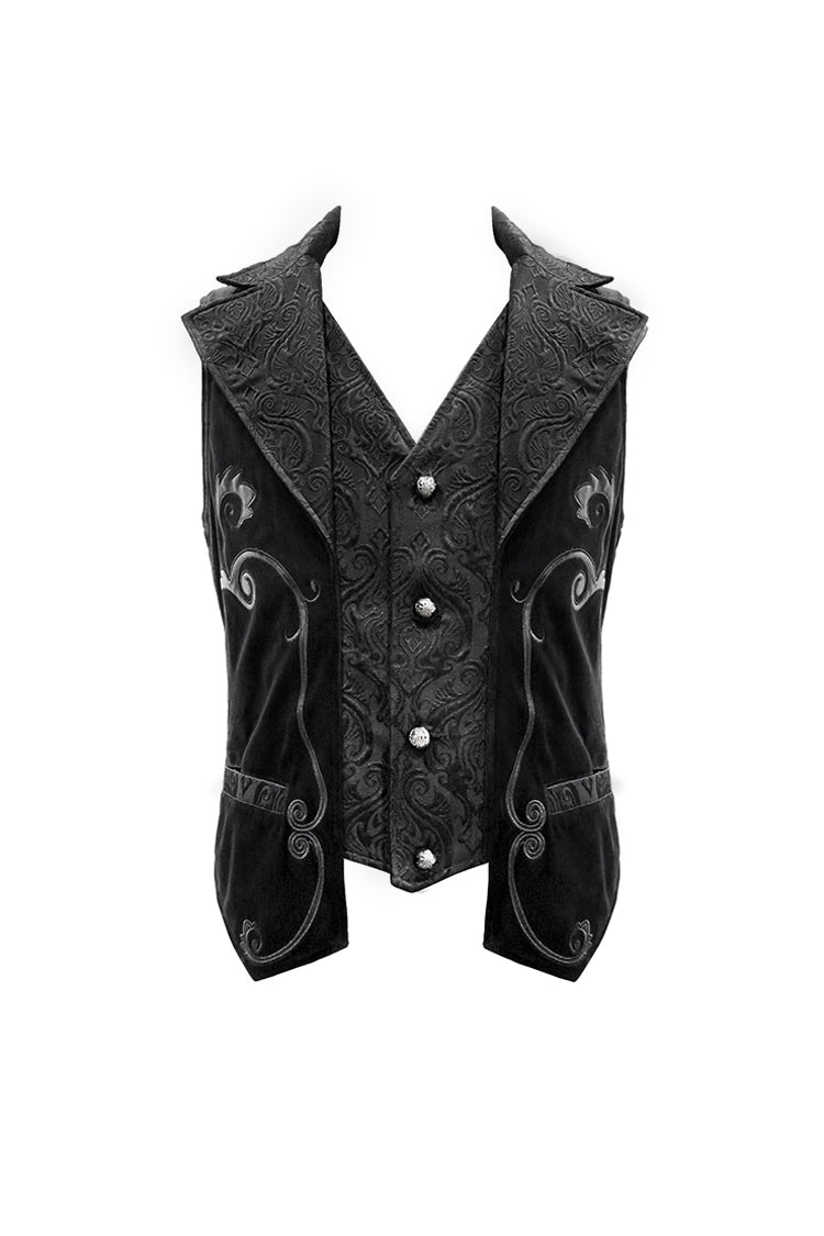 Black Fake Two Piece Leather Embroidered Swallow Tail Hem Men's Gothic Waistcoat - Product - 7