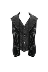 Black Fake Two Piece Leather Embroidered Swallow Tail Hem Men's Gothic Waistcoat - Product - 7