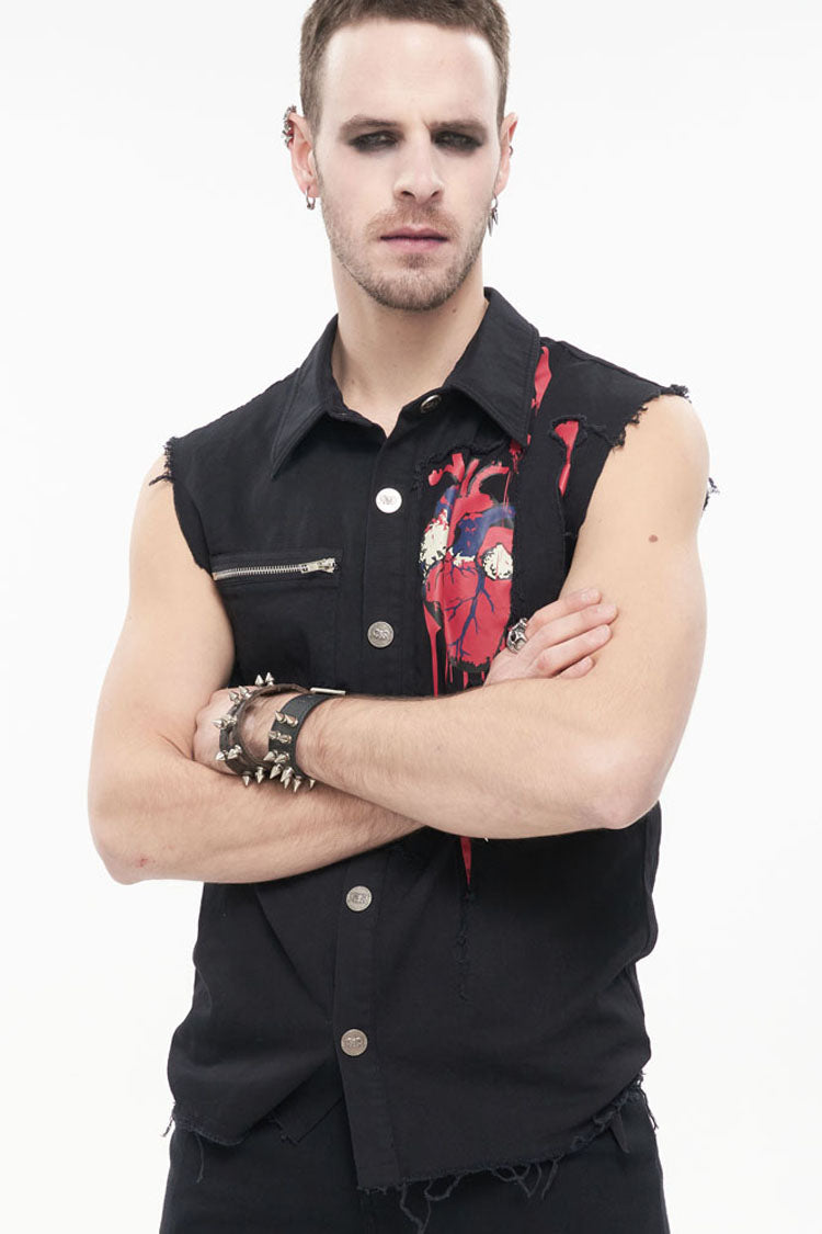 Black Punk Simple Everyday Stand Collar Print Sleeveless Men's Shirt - Product - 2