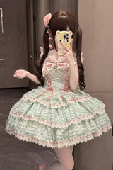Green [Song of Floral Letters] Sleeveless Triple-Layered Bowknot Lace-Up Sweet Lolita Jsk Dress - Green - 1