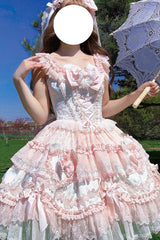 Pink [Heart Bear] Square Collar Flutter Sleeves Jacquard Ruffled Bow Lace Sweet Lolita Jsk Dress - Product - 5