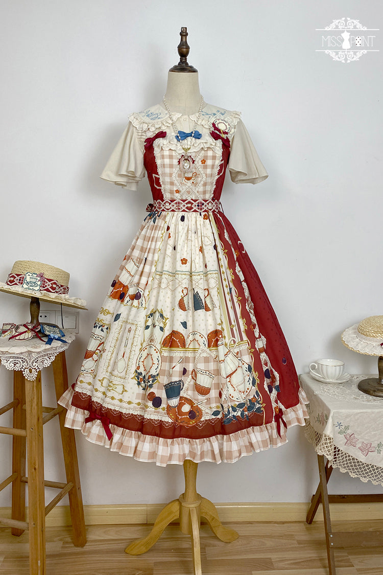 Red [Tea Party] Print Ruffle Bowknot Lace Sweet Elegant Lolita Jsk Dress - Product - 7