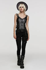 Steampunk Sleeveless Jacquard Print Metal Buckle Strap Metal Zipper Hollow Lace-Up Women's Vest 4 Colors - Product - 20