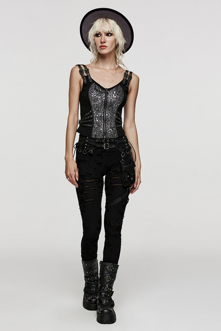 Steampunk Sleeveless Jacquard Print Metal Buckle Strap Metal Zipper Hollow Lace-Up Women's Vest 4 Colors - Product - 20