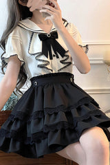 Black/White Sailor Collar Multi-Layered Ruffle Bowknot Jirai Kei Skirt Set - Black/White - 7