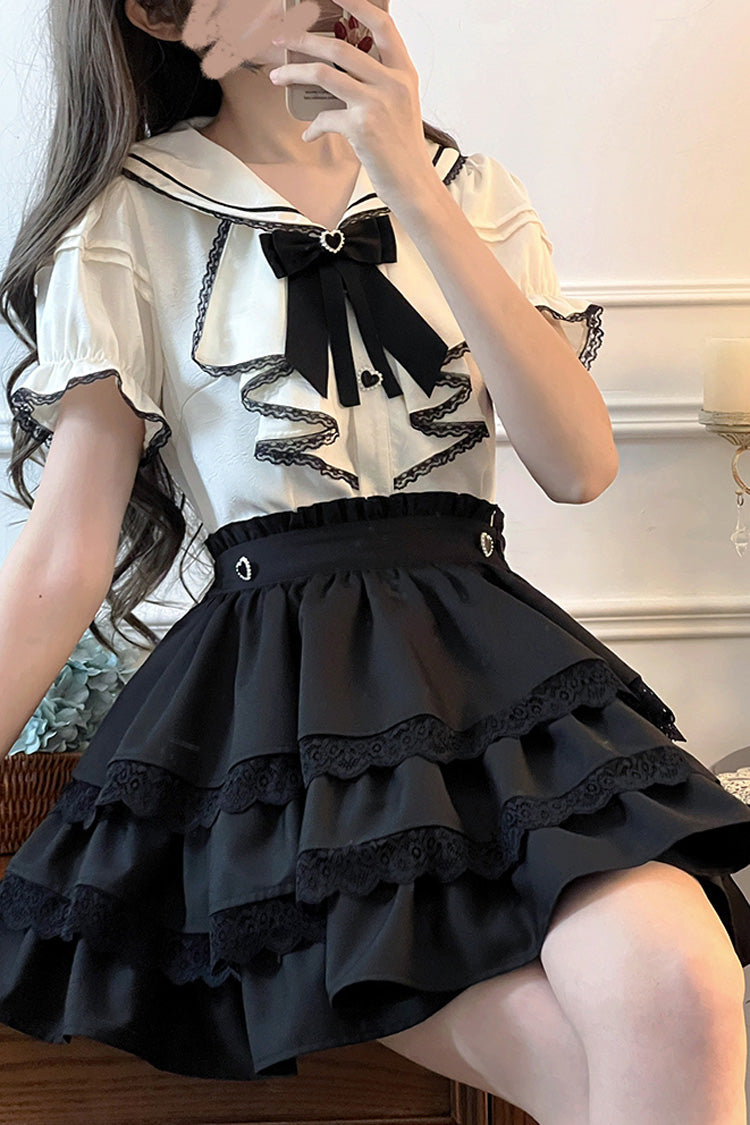Black/White Sailor Collar Multi-Layered Ruffle Bowknot Jirai Kei Skirt Set - Black/White - 7