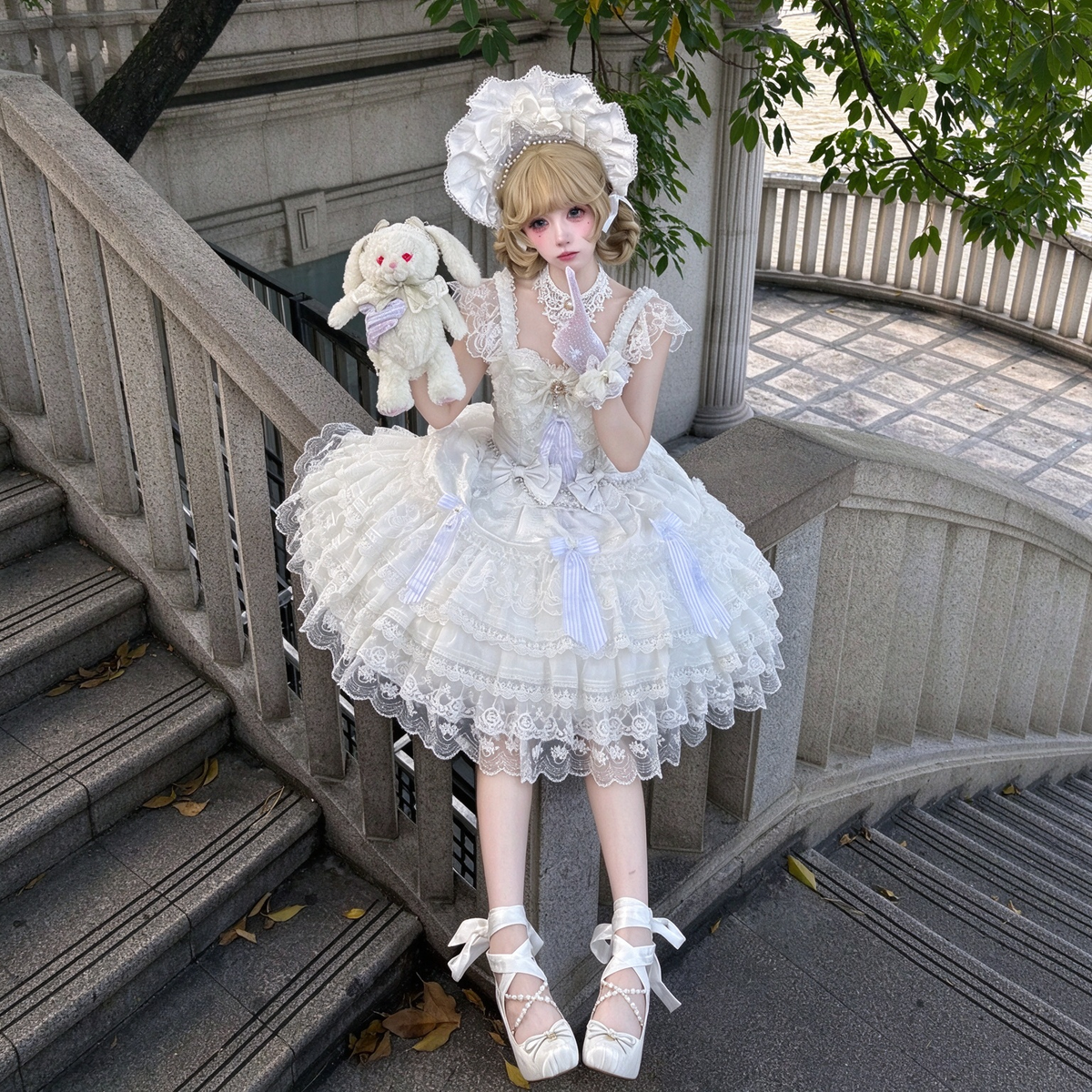 Elegant Ruffled Lace Lolita Dress Set with Bow Accents - view 13
