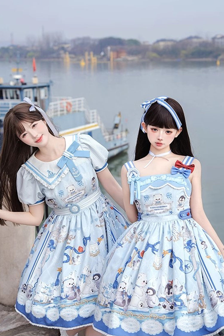 Blue [Penguin Navy] Short Sleeves Print Ruffle Bowknot Sweet Princess Lolita Dress - Product - 9