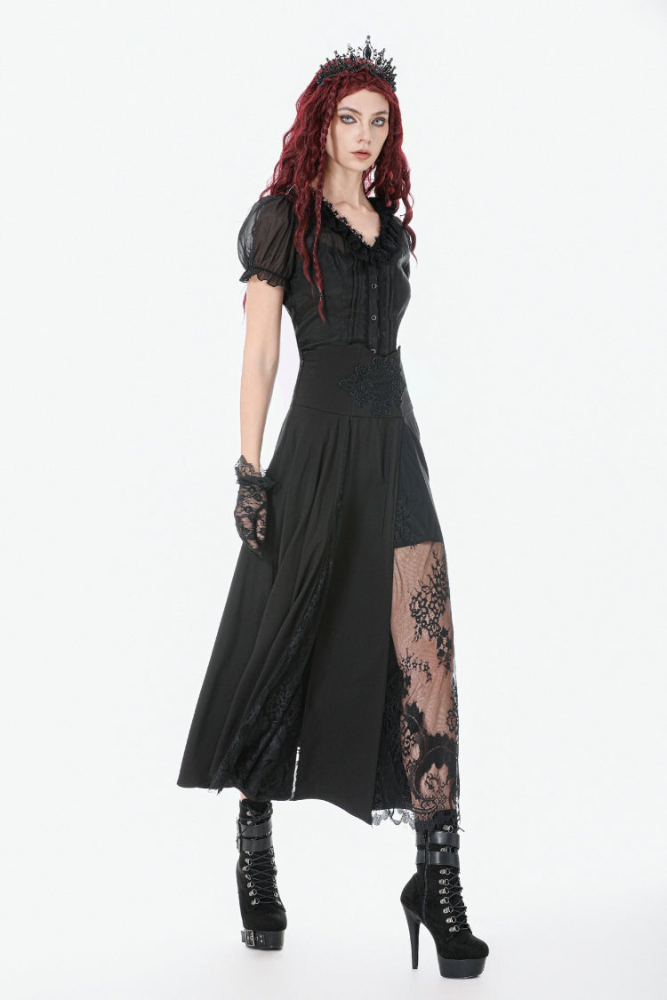 Black High Waisted Floral Printed Lace Mesh Women's Gothic Elegant Long Skirt - Product - 2