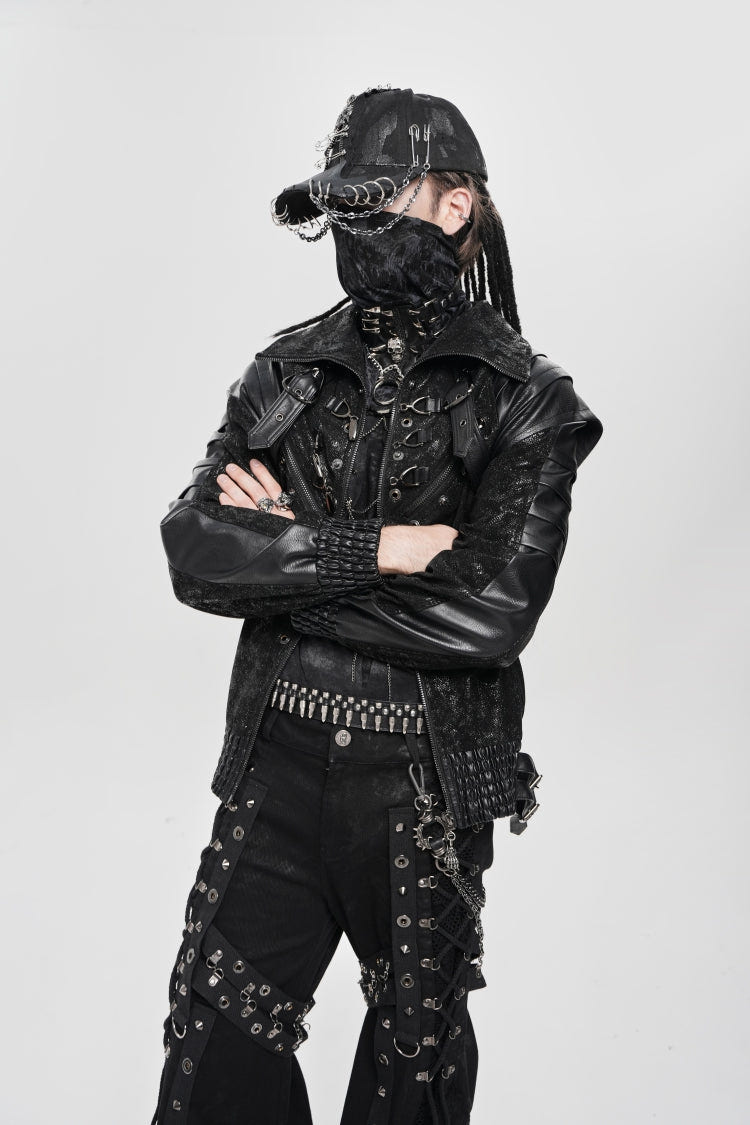 Black Faux Leather Stitching Buckle Zipper Straps Men's Punk Coat - Product - 5