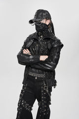 Black Faux Leather Stitching Buckle Zipper Straps Men's Punk Coat - Product - 5