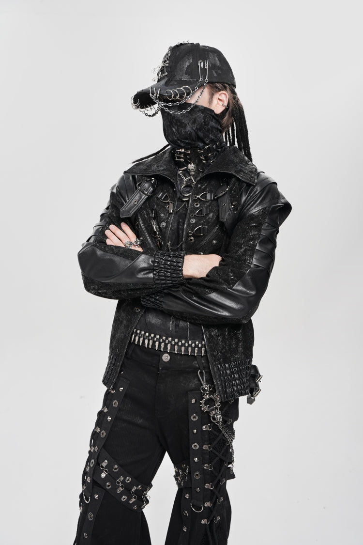 Black Faux Leather Stitching Buckle Zipper Straps Men's Punk Coat - Product - 5