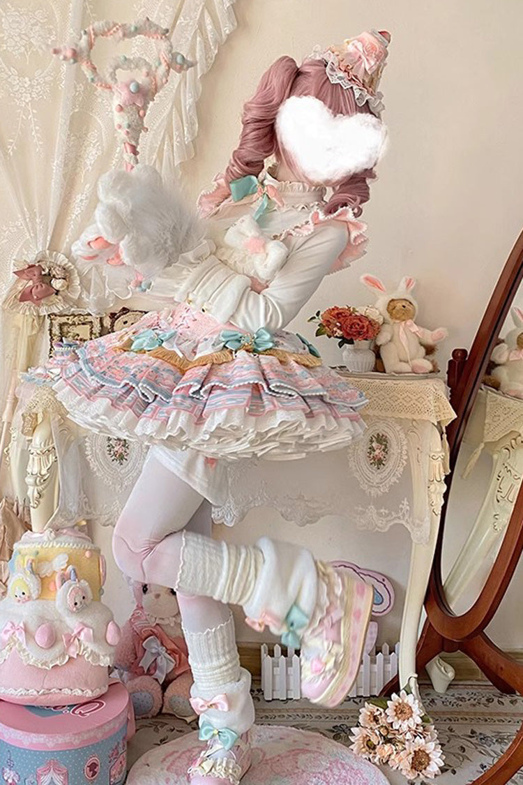 Pink [Candy House] Multi-Layered Print Ruffle Bowknot Lace-Up Sweet Ballet Lolita Jsk Dress - Product - 11