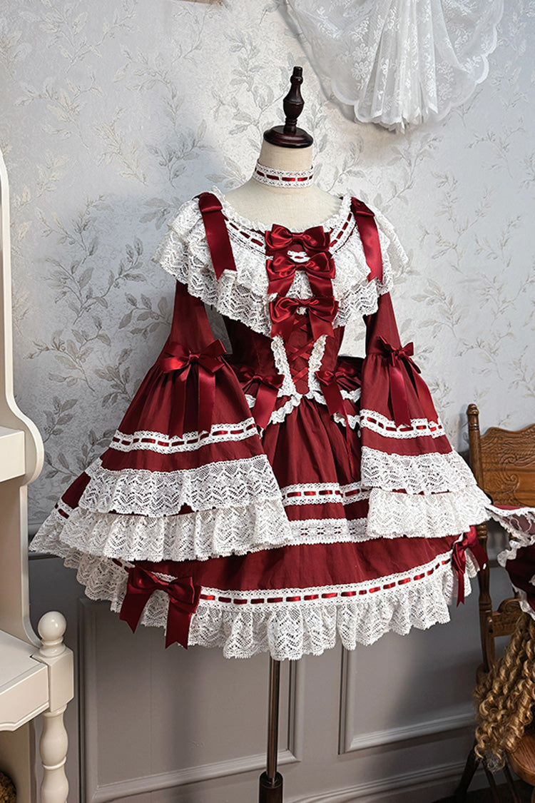 Wine Red [Rabbit Sleeping Doll] Long Trumpet Sleeves Ruffle Bowknot Lace Sweet Lolita Dress - Red - 1
