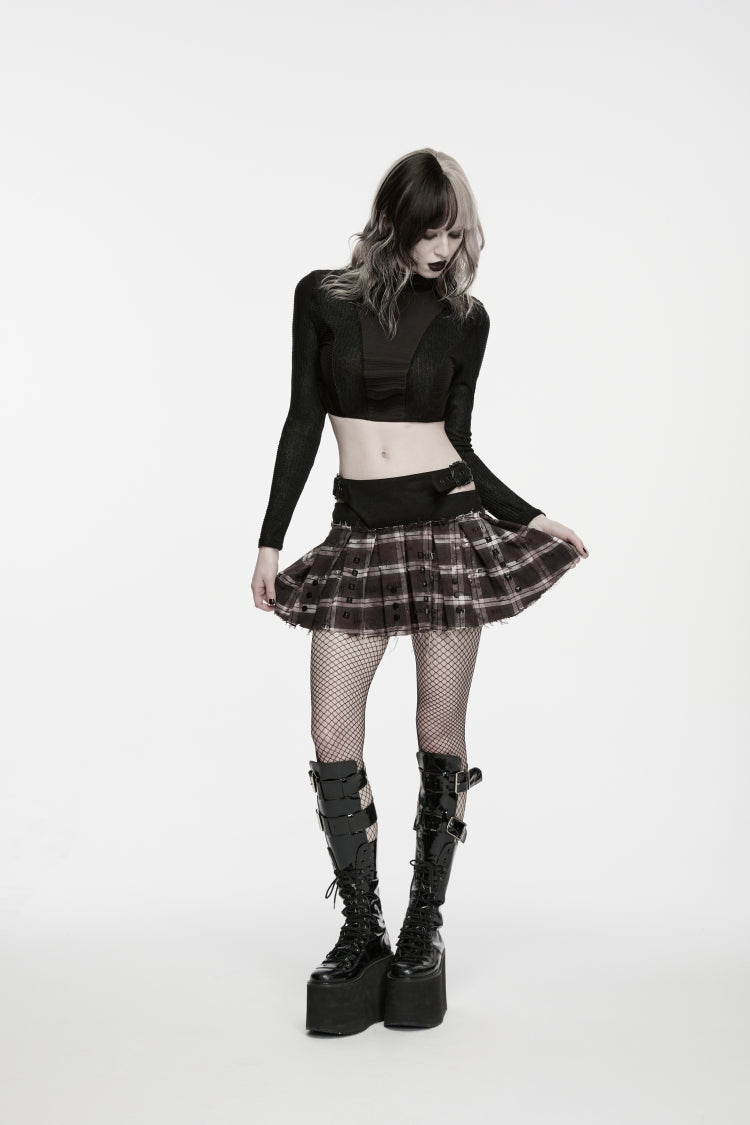 Red Patchwork Studded Pleated Women's Punk Preppy Style Skirt - Product - 5