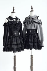 Jirai Kei Off Shoulder Long Sleeves Print Bowknot Lace-Up Sweet Japanese Blouse 3 Colors - Product - 3