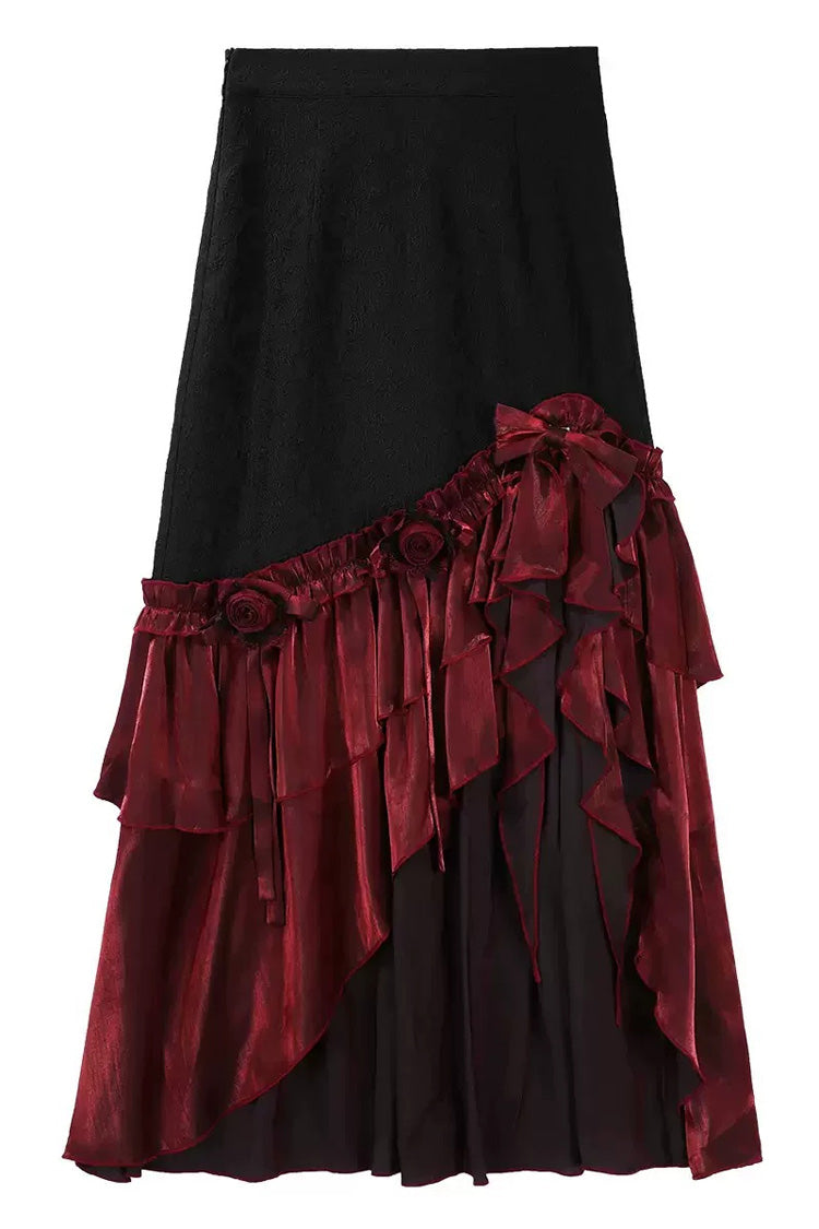 Black/Red [Rotten Bone Flower] Sleeveless Ruffled Embroidered Lace-Up Gothic Lolita Skirt Dress Set - Long-Skirt(Only) - 15