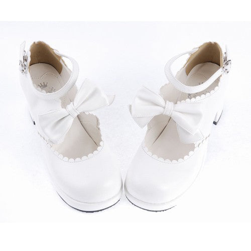 White PU Round Toe Ankle Straps Bow Decoration Platform Sweet Lolita Shoes - Product - 4