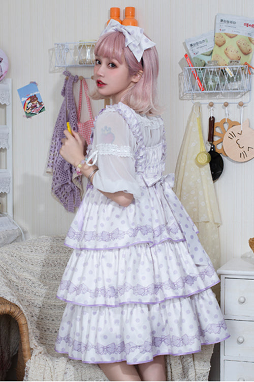 Polka Dot Print Sleeveless Bowknot Multi-Layer Ruffled High Waisted Sweet Lolita Tiered JSK Dress - Product - 4