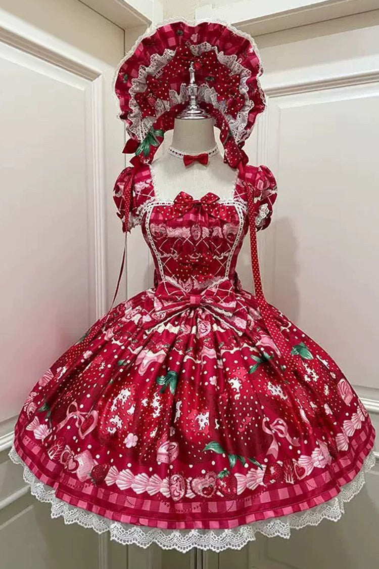 [Dream to Strawberry] Print Short Sleeves Ruffle Bowknot Lace Sweet Lolita OP Dress 4 Colors - Red - 2