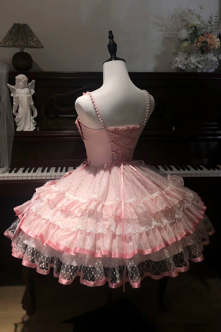 Pink [Gem Love] Sleeveless Triple-Layered Ruffle Bowknot Lace Sweet Ballet Lolita Jsk Dress - Product - 8