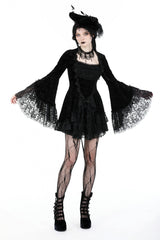 Black Square Collar Long Flared Sleeves Multi-Layered Lace Trim Lace-Up Women's Gothic Velvet Dress - Product - 7