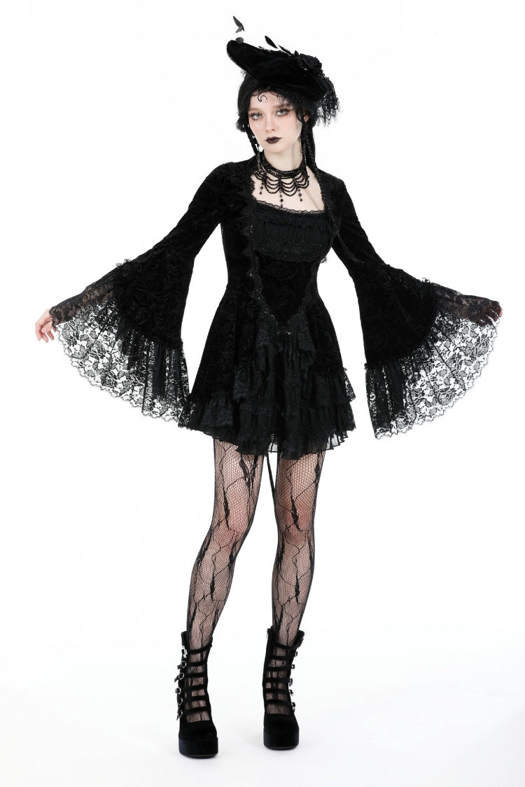 Black Square Collar Long Flared Sleeves Multi-Layered Lace Trim Lace-Up Women's Gothic Velvet Dress - Product - 7