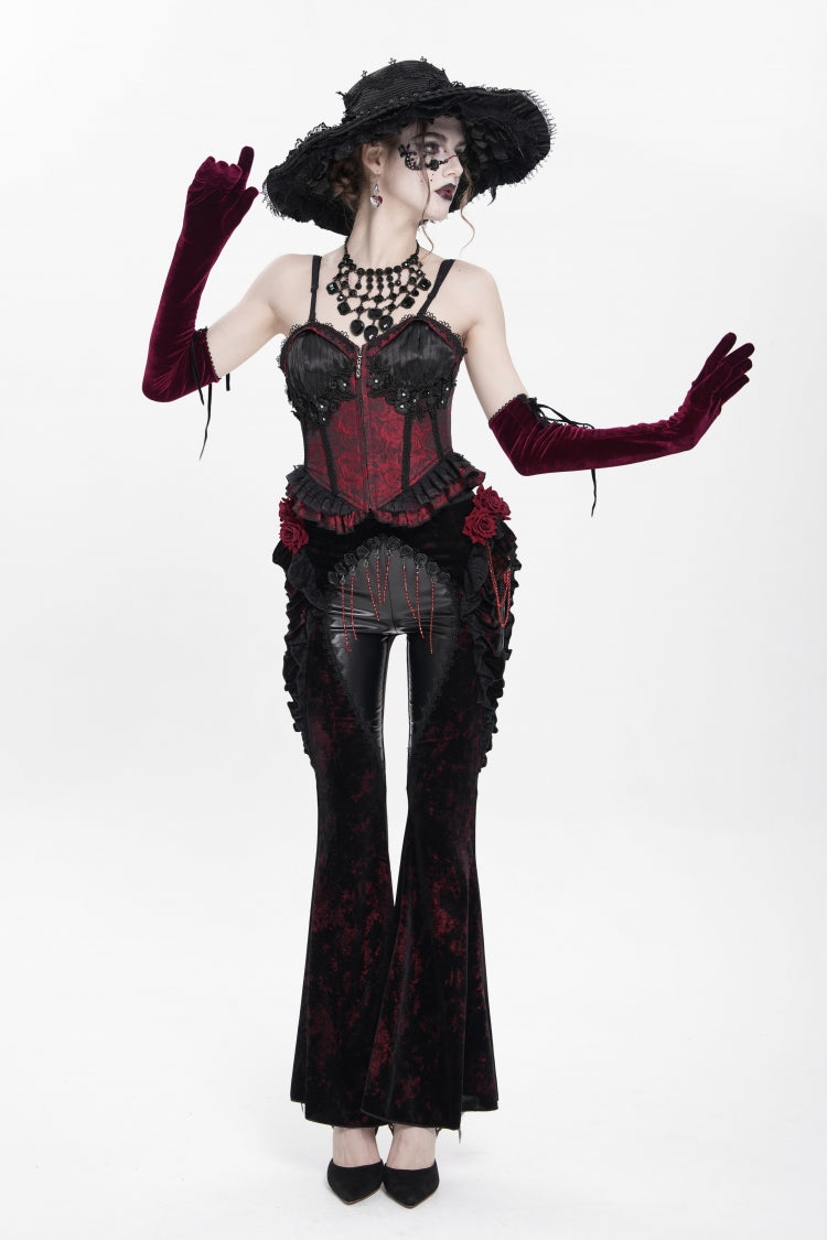 Black/Red  Ruffled Spliced Women's Gothic Floral Faux Leather&Velvet Ruffle Pants - Product - 4