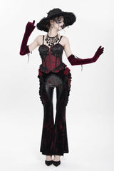 Black/Red  Ruffled Spliced Women's Gothic Floral Faux Leather&Velvet Ruffle Pants - Product - 4