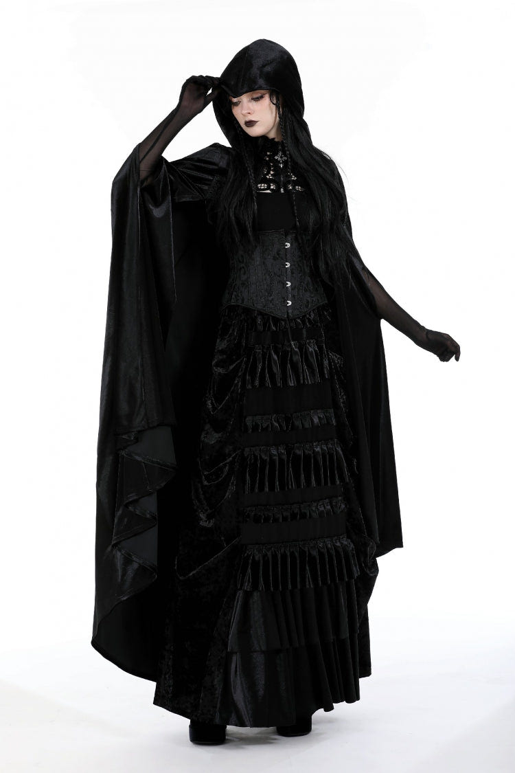 Black Cross Zippered Floral Embroidered Women's Gothic Cloak with Hood - Product - 7
