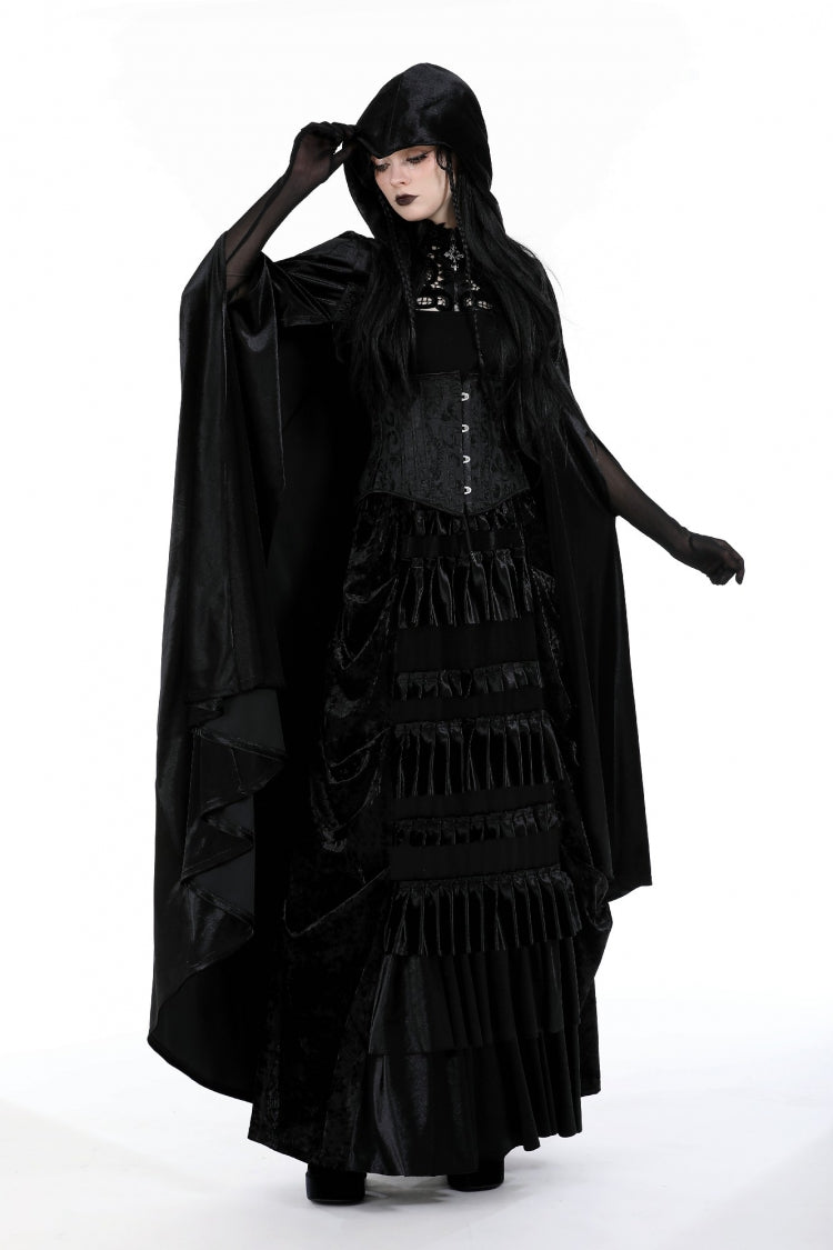 Black Cross Zippered Floral Embroidered Women's Gothic Cloak with Hood - Product - 7