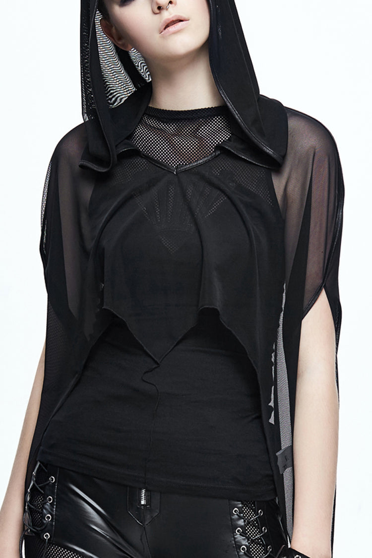 Black Mesh Wavy Sideline Long Women's Punk Hooded Bat Shawl - Black - 1