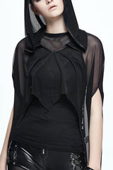 Black Mesh Wavy Sideline Long Women's Punk Hooded Bat Shawl - Black - 1