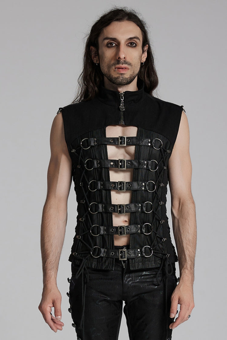 Black Cut-Out Buckled Strappy Spaghetti Men's Punk Vest - Black - 1