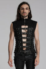 Black Cut-Out Buckled Strappy Spaghetti Men's Punk Vest - Black - 1