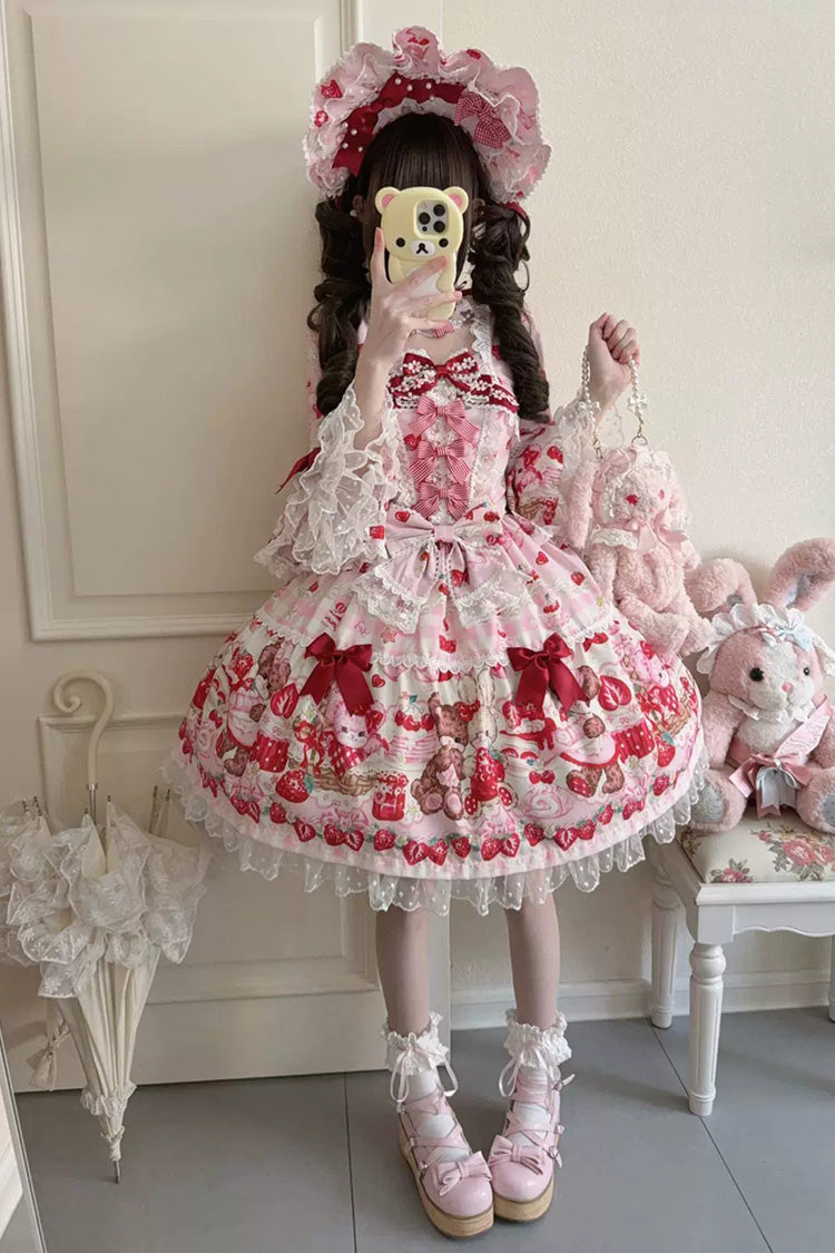 Red/Pink [Sweet Berry Bunny Bear] Half Sleeves Printed Bow Lace Lace-Up Sweet Lolita OP Dress - Product - 6