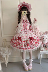 Red/Pink [Sweet Berry Bunny Bear] Half Sleeves Printed Bow Lace Lace-Up Sweet Lolita OP Dress - Product - 6