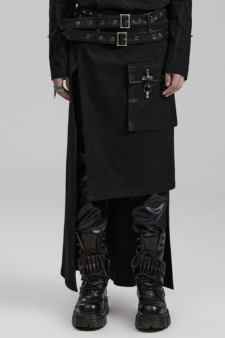 Black Buckle Belt Asymmetric Men's Steampunk Skirt with Side Pockets - Black - 1