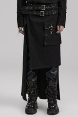 Black Buckle Belt Asymmetric Men's Steampunk Skirt with Side Pockets - Black - 1
