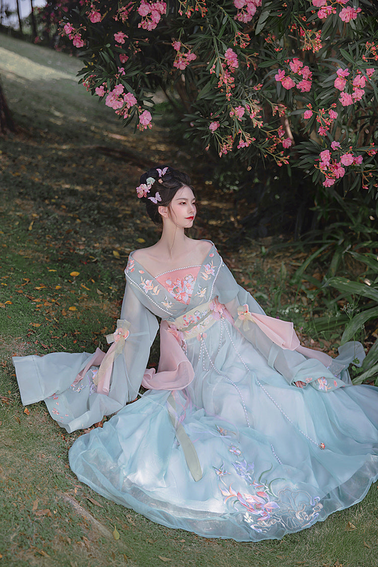 Gorgeous Embroidery With Pearl Accessories Women's Sweet Hanfu Dress Full Set 3 Colors - Product - 6