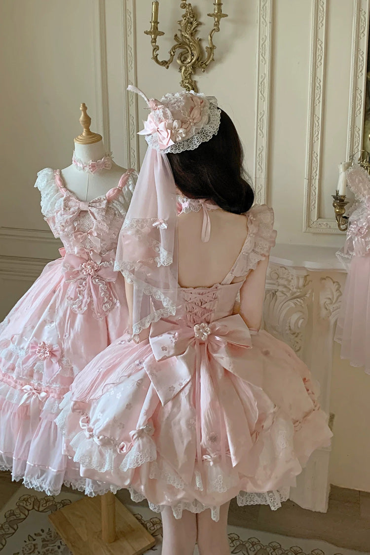 Pink [Sakura Bunny Ballad] Square Collar Flutter Sleeves Jacquard Ruffled Bow Lace Sweet Elegant Luxurious Short Lolita Jsk Dress - Product - 18