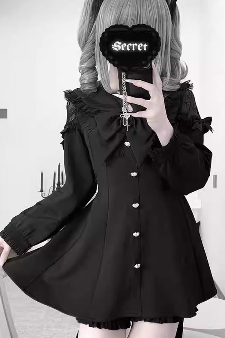 Black [Night Glaze] Long Short Sleeves Ruffled Bow Gothic Plus Size Jirai Kei Dress and Shorts Set - Black(Long Sleeves) - 1