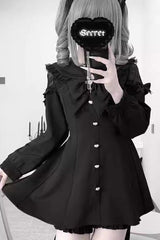 Black [Night Glaze] Long Short Sleeves Ruffled Bow Gothic Plus Size Jirai Kei Dress and Shorts Set - Black(Long Sleeves) - 1