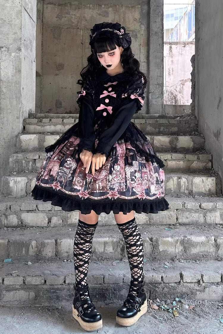 Black [The Case of the Missing Lamb] Print Long Sleeves Ruffle Bowknot Lace Gothic Lolita Dress - Product - 8