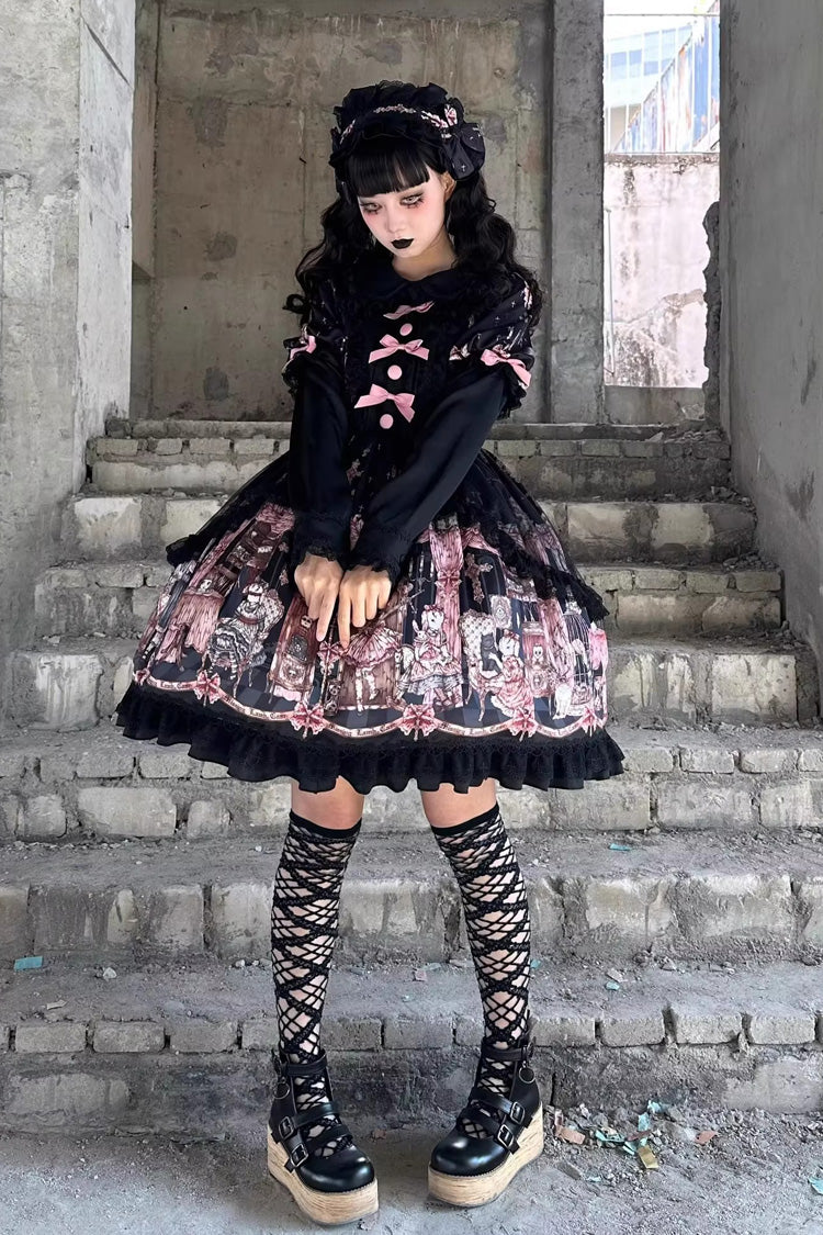 Black [The Case of the Missing Lamb] Print Long Sleeves Ruffle Bowknot Lace Gothic Lolita Dress - Product - 8