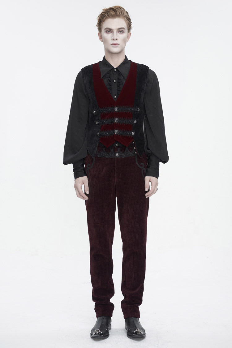 Black/Red Irregular Velvet Splice Corduroy Men's Gothic Waistcoat - Product - 5