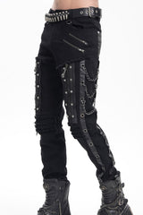 Black Stitching Eyelets Chains Studs Men's Gothic Pants - Product - 4