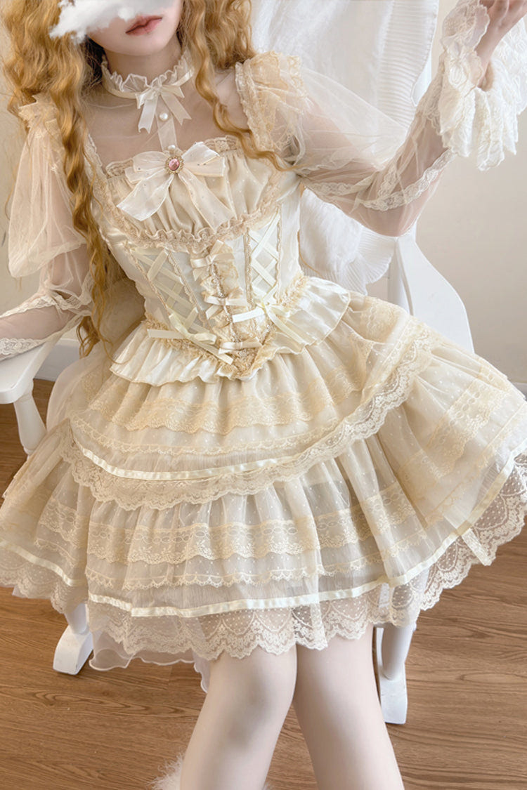 Apricot [Girl Love] Double-Layered Bowknot Lace Sweet Ballet Lolita Skirt Set - Product - 2